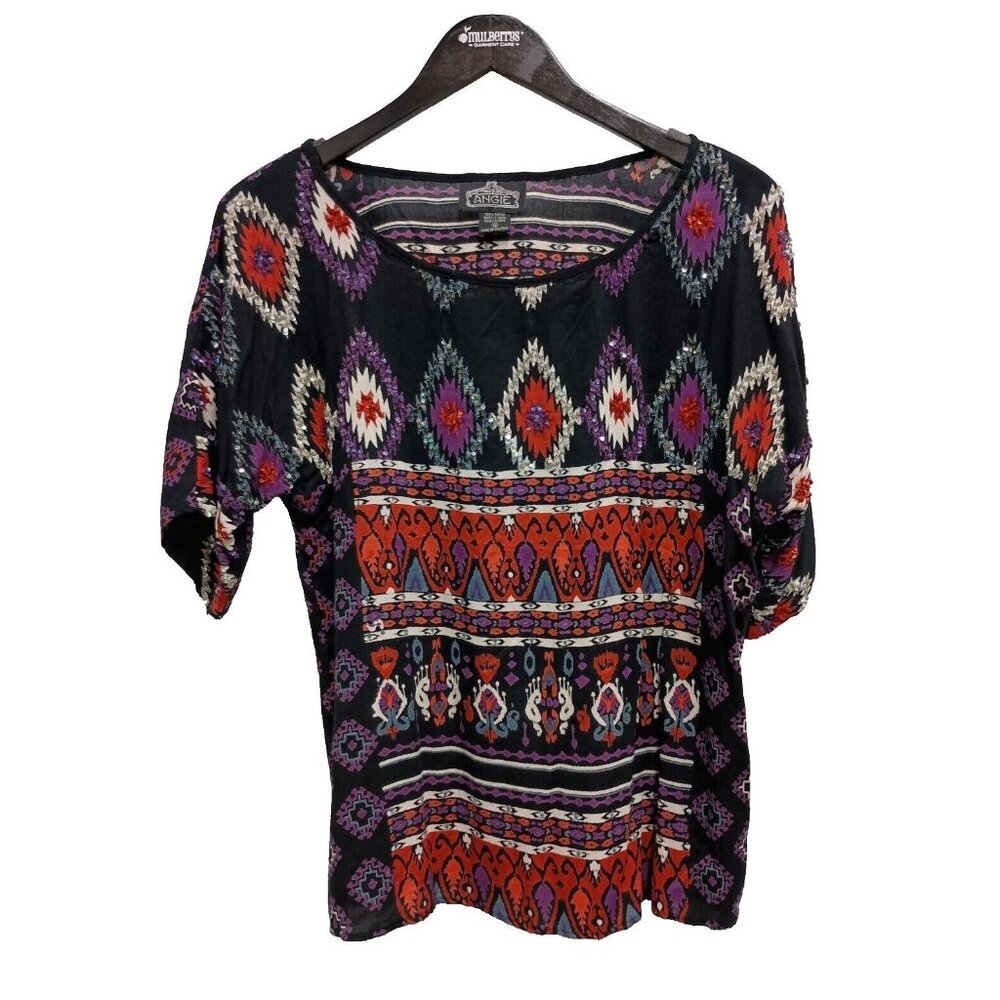 Angie Womens BOHO Short Sleeve Top Medium Black Red Southwest Beaded Blouse